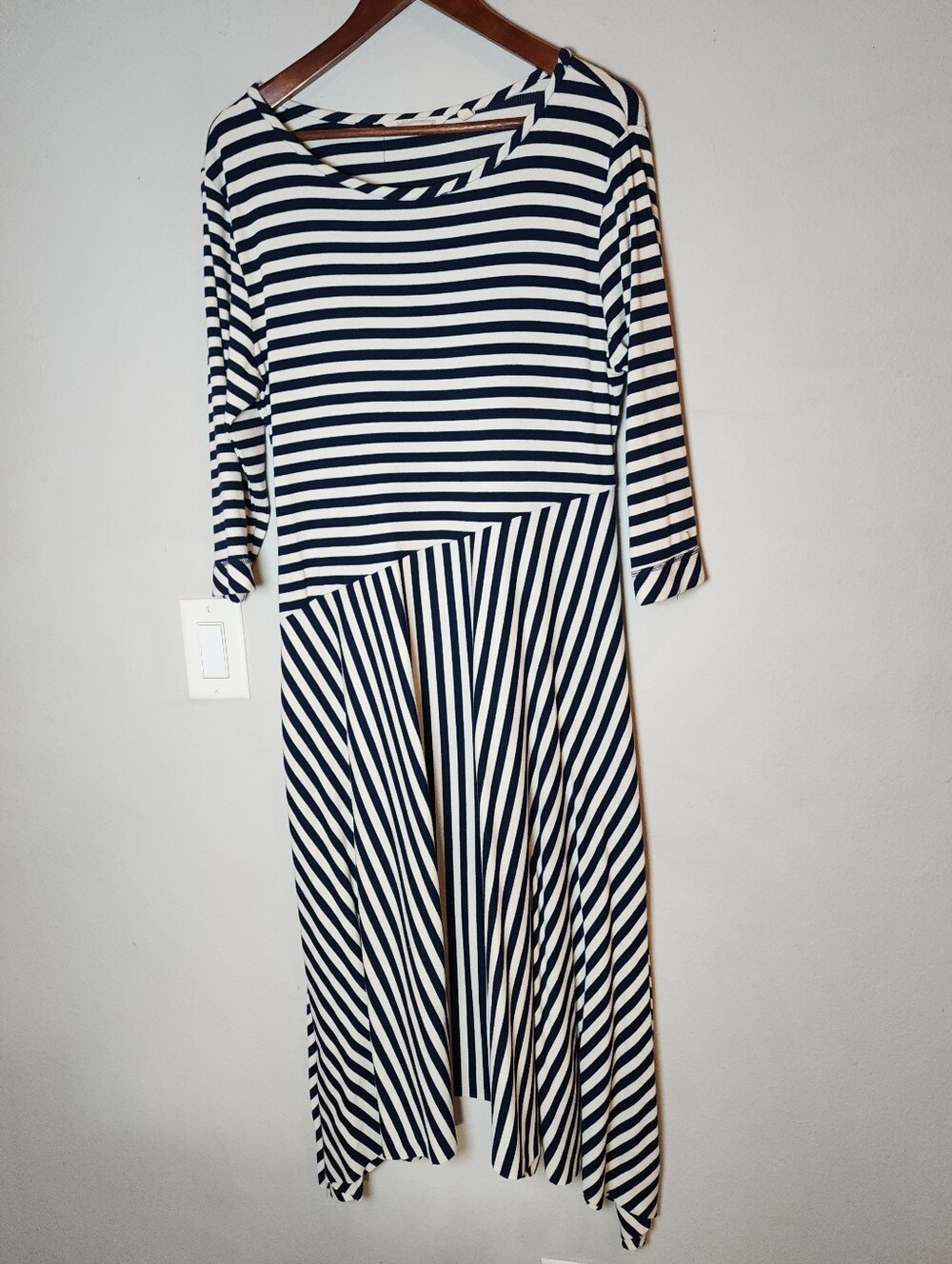 Soft Surroundings Ribbed Jersey Knit Asymmetrical Dress Blue White Stripe XL